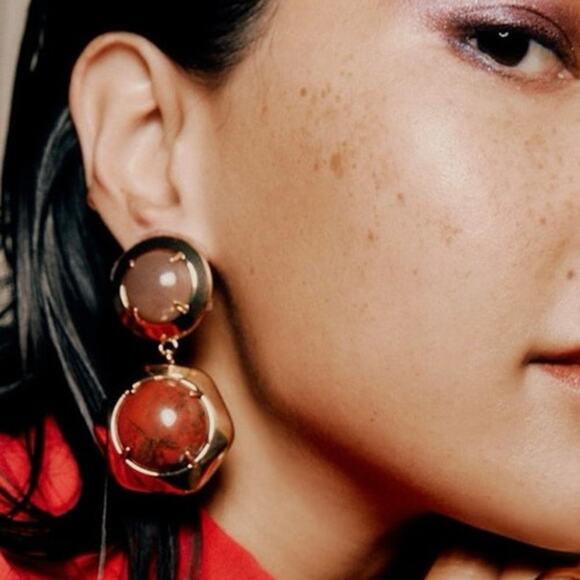 Lele Sadoughi Geo Bezel Red Harvest Jewel Drop Gold Plated Clip Runway Earring - Picture 1 of 16